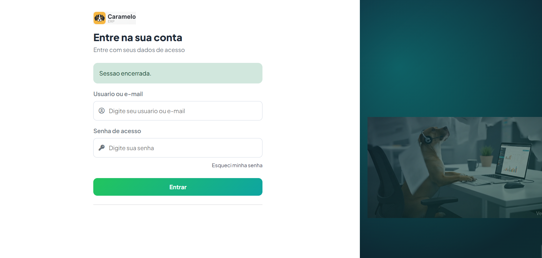 Tela de login do Caramelo ERP